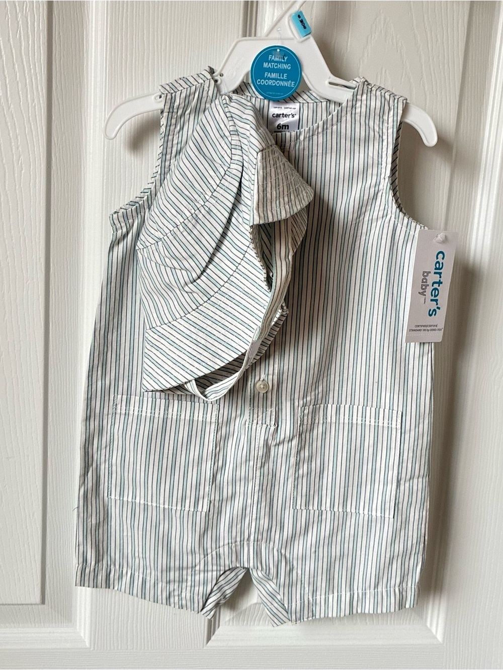 Carter's Turquoise and White Stripe Cotton Romper with Matching Hat